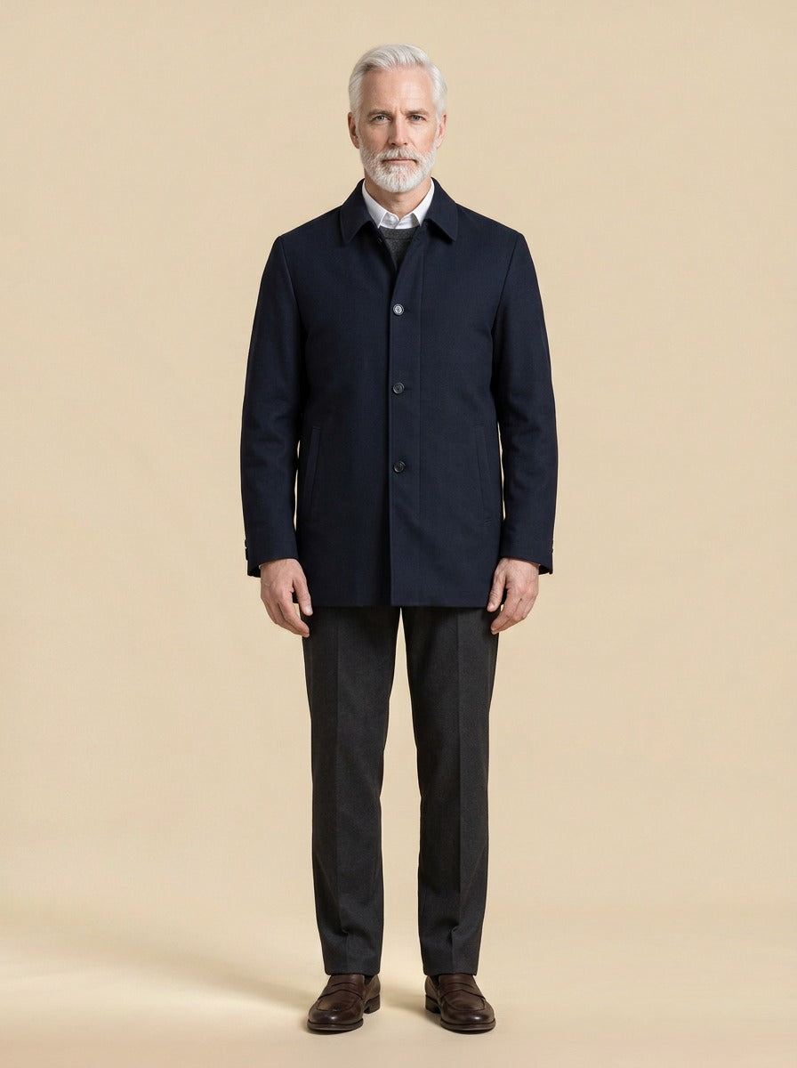 Branson spread collar car jacket in Navy, studio, Gentlemens Manor