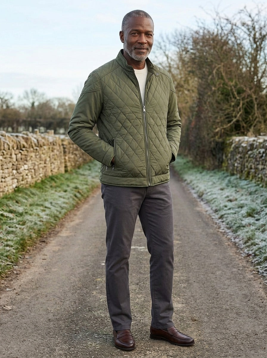 Brantley quilted jacket in Olive, lifestyle on a country lane, Gentlemens Manor