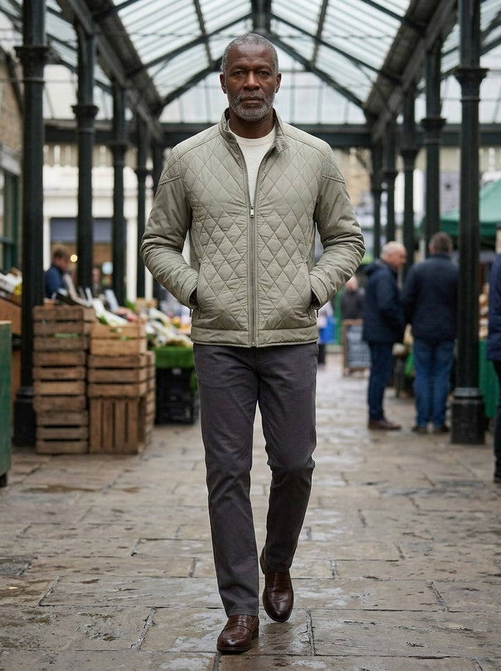 Brantley quilted jacket in Sand, lifestyle in a covered market hall, Gentlemens Manor