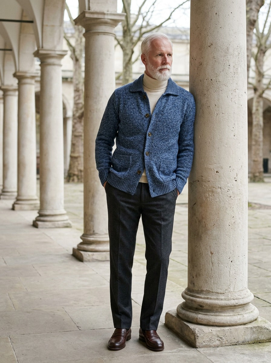 Brennan cardigan in Blue, lifestyle in a stone colonnade, Gentlemens Manor