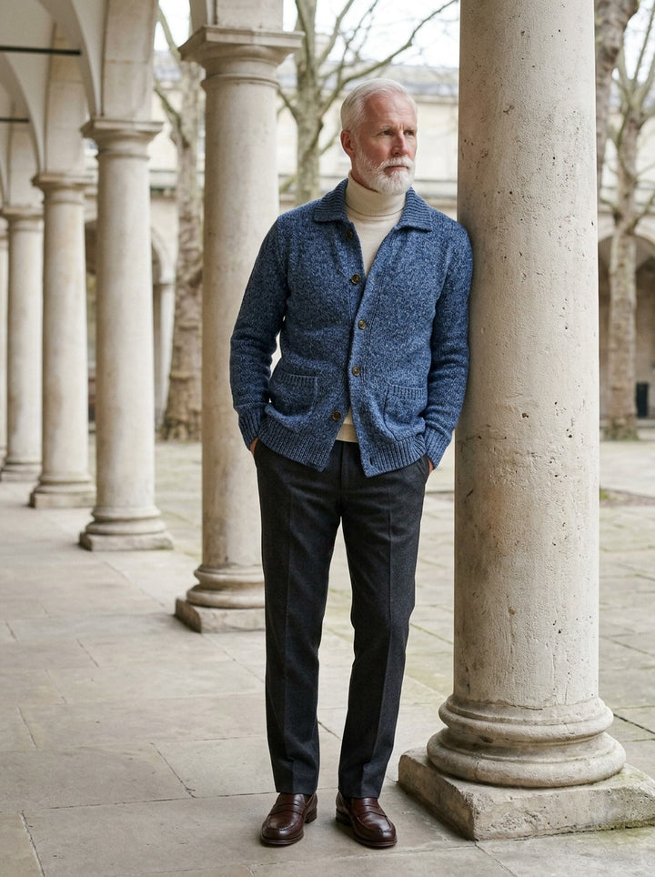 Brennan cardigan in Blue, lifestyle in a stone colonnade, Gentlemens Manor