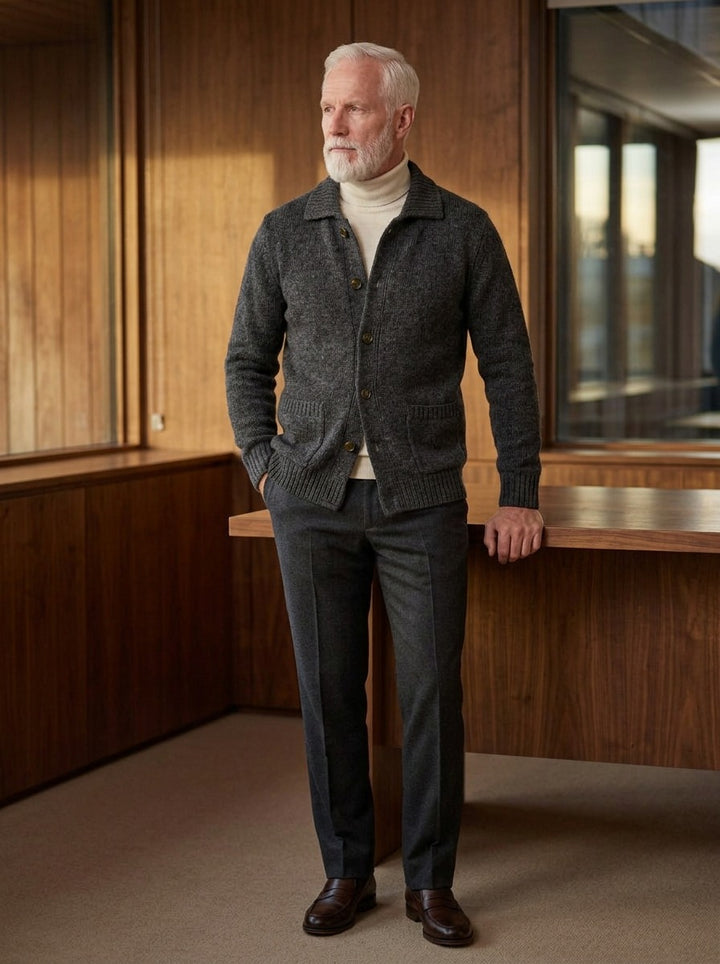 Brennan cardigan in Charcoal, lifestyle in a timber paneled office, Gentlemens Manor