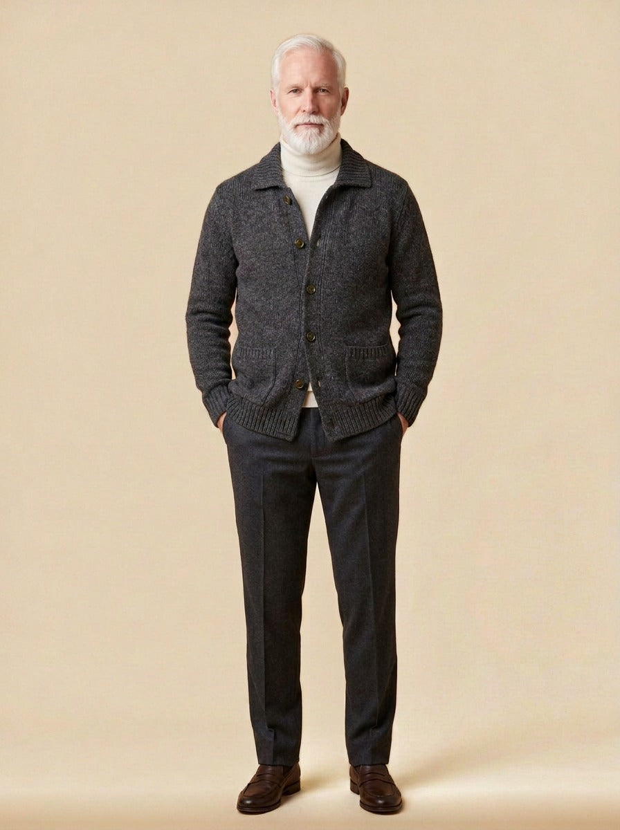 Brennan cardigan in Charcoal, studio, Gentlemens Manor