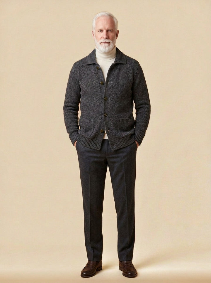 Brennan cardigan in Charcoal, studio, Gentlemens Manor