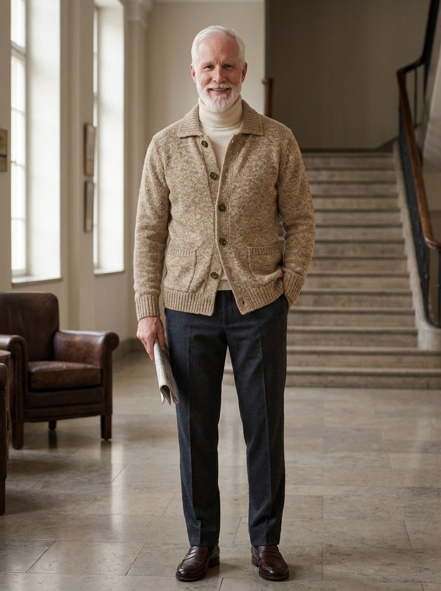 Brennan cardigan in Sand, lifestyle in a hotel lobby, Gentlemens Manor