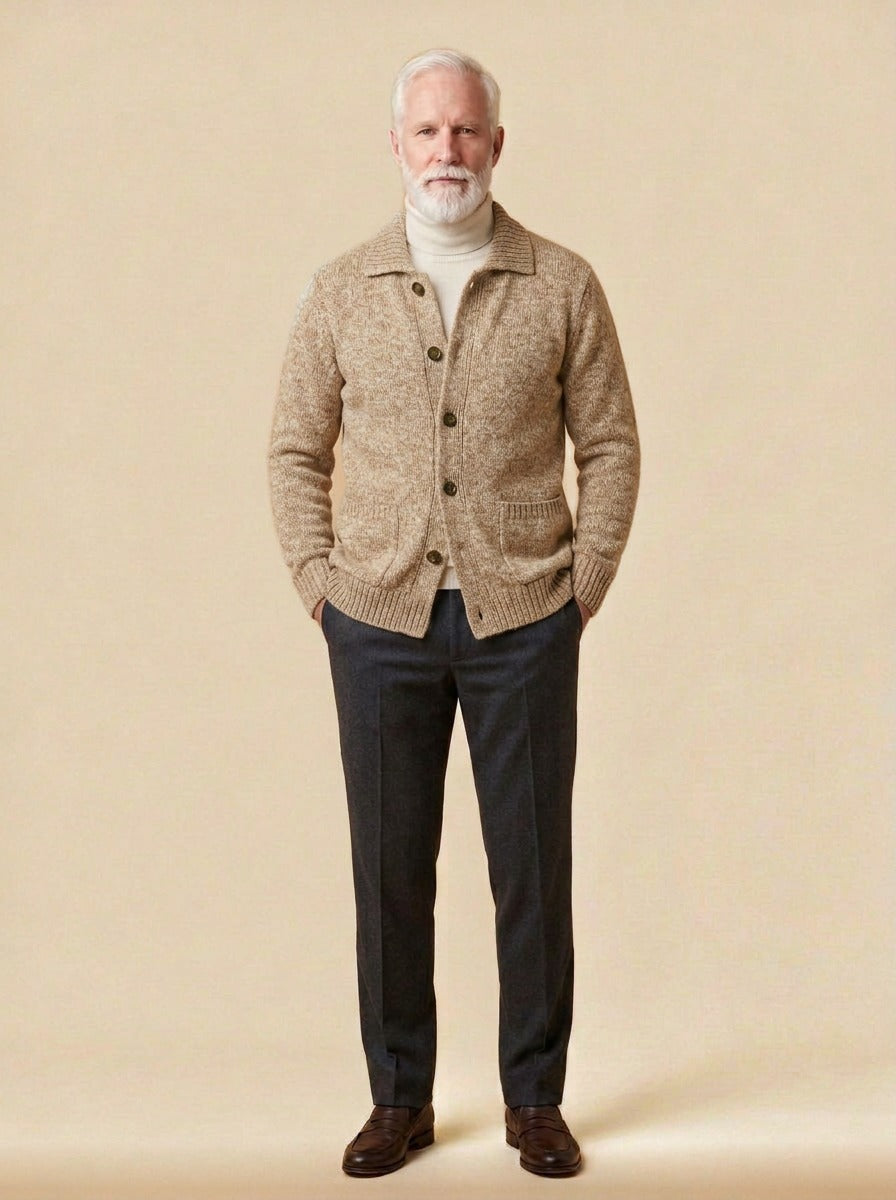 Brennan cardigan in Sand, studio, Gentlemens Manor