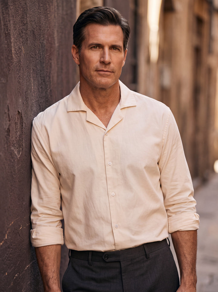 Brewster shirt in Beige, worn by a model in a Mediterranean setting - Gentlemens Manor lifestyle