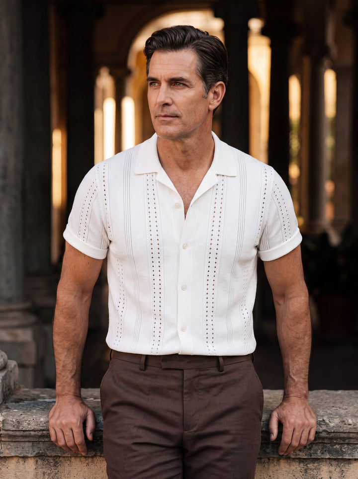 Briggs shirt in White, worn by a model in a Mediterranean setting - Gentlemens Manor lifestyle