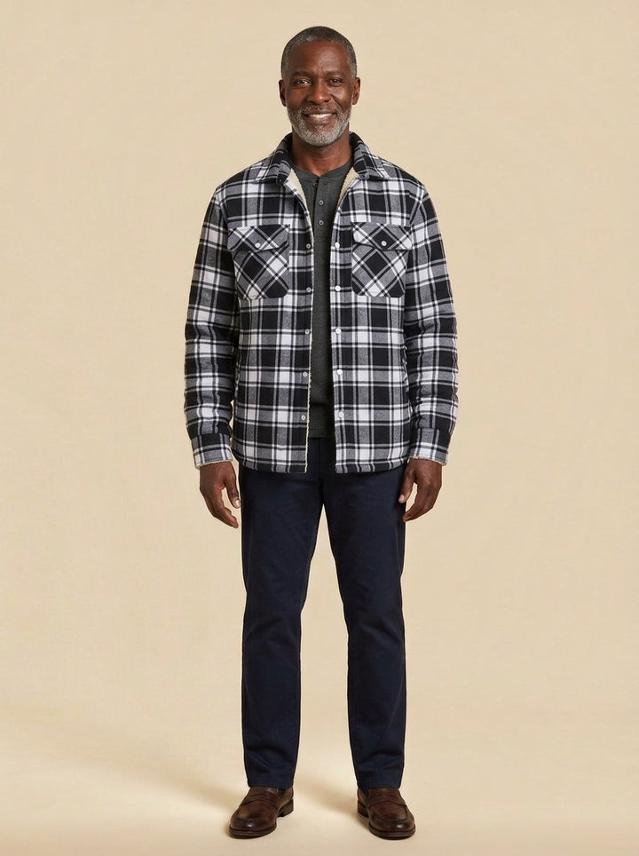 Brigham fleece lined plaid shirt jacket in Black, studio, Gentlemens Manor