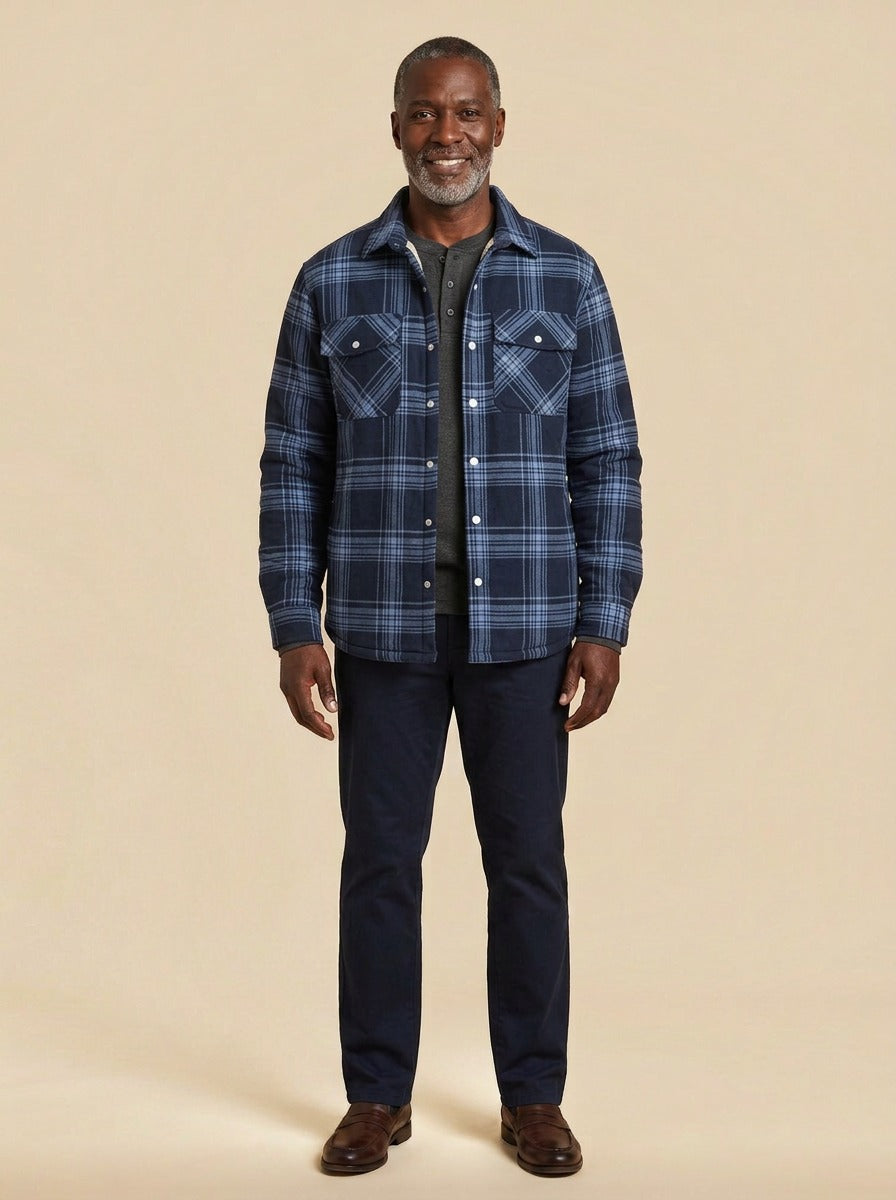 Brigham fleece lined plaid shirt jacket in Blue, studio, Gentlemens Manor