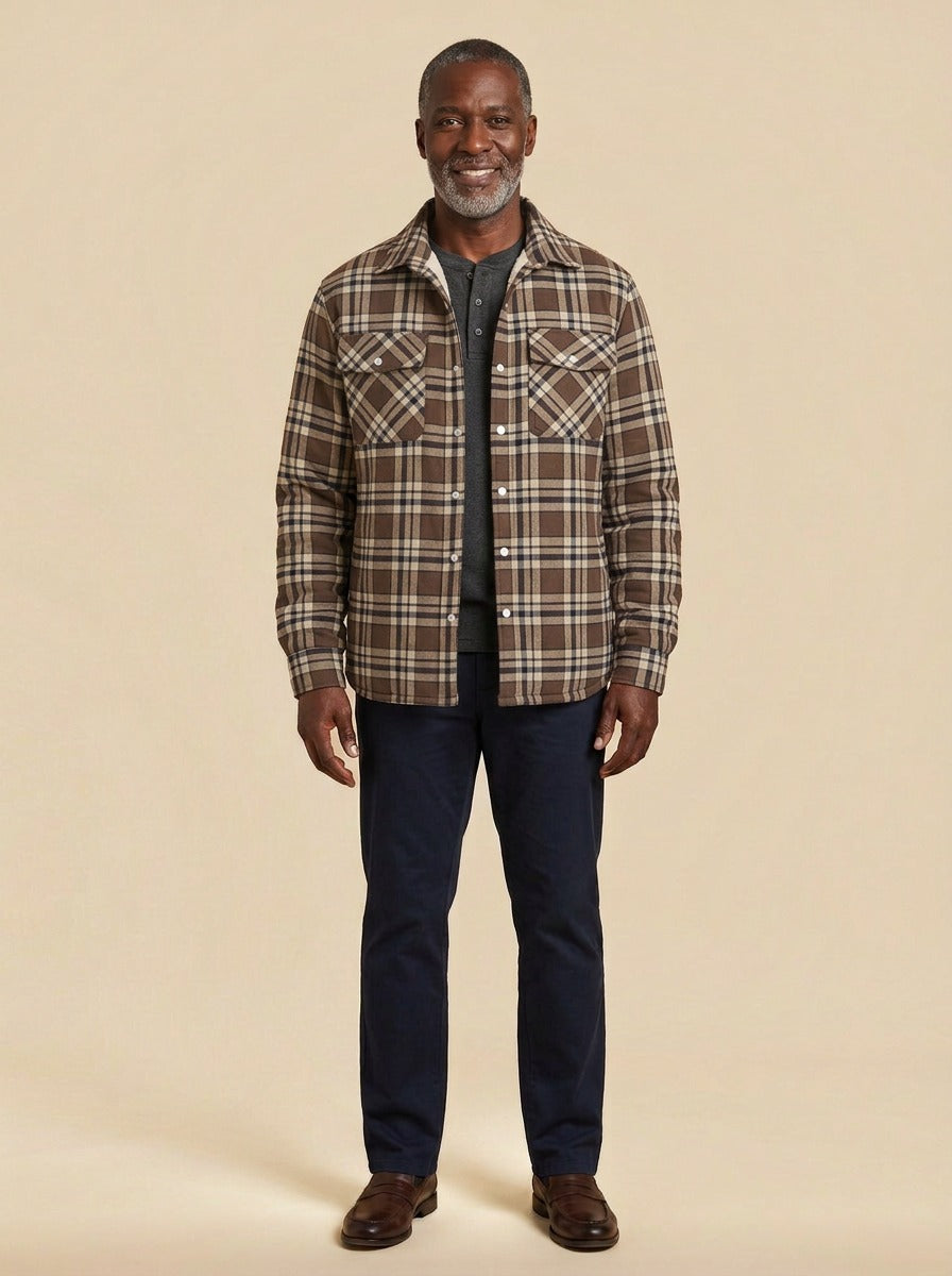 Brigham fleece lined plaid shirt jacket in Brown, studio, Gentlemens Manor