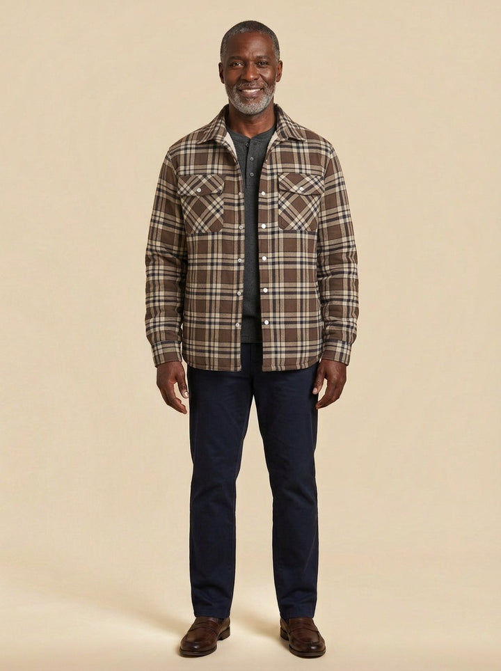 Brigham fleece lined plaid shirt jacket in Brown, studio, Gentlemens Manor