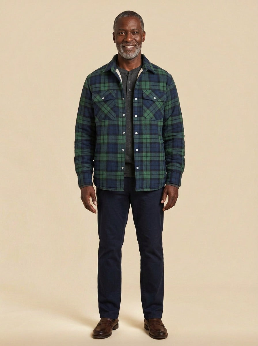 Brigham fleece lined plaid shirt jacket in Green, studio, Gentlemens Manor
