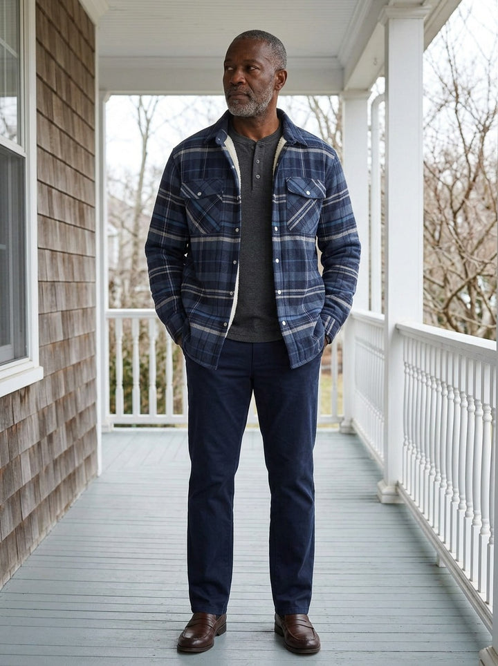 Brigham fleece lined plaid shirt jacket in Navy, lifestyle on a covered porch, Gentlemens Manor