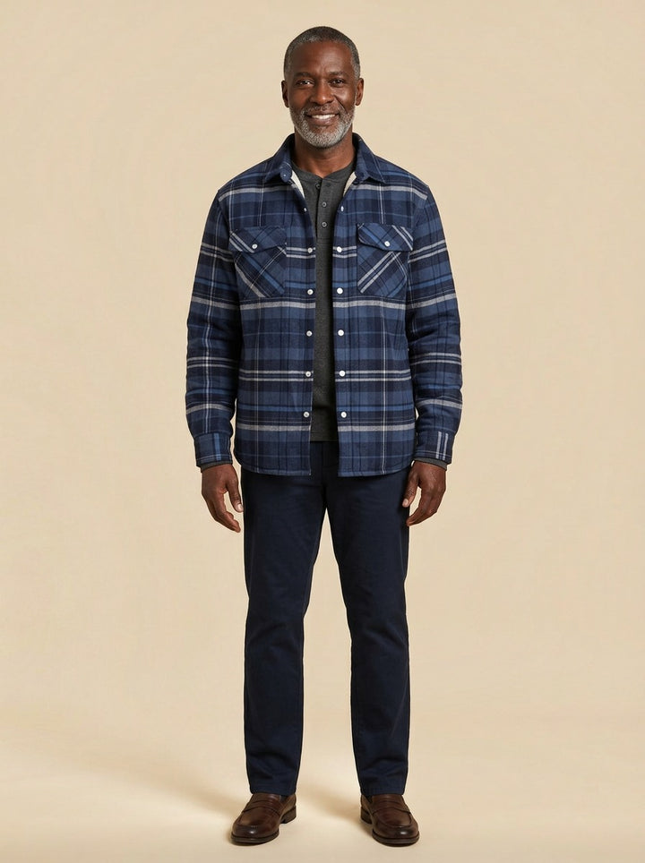Brigham fleece lined plaid shirt jacket in Navy, studio, Gentlemens Manor