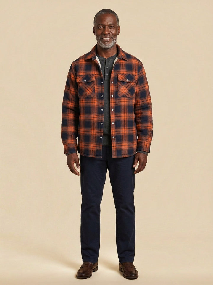 Brigham fleece lined plaid shirt jacket in Orange, studio, Gentlemens Manor