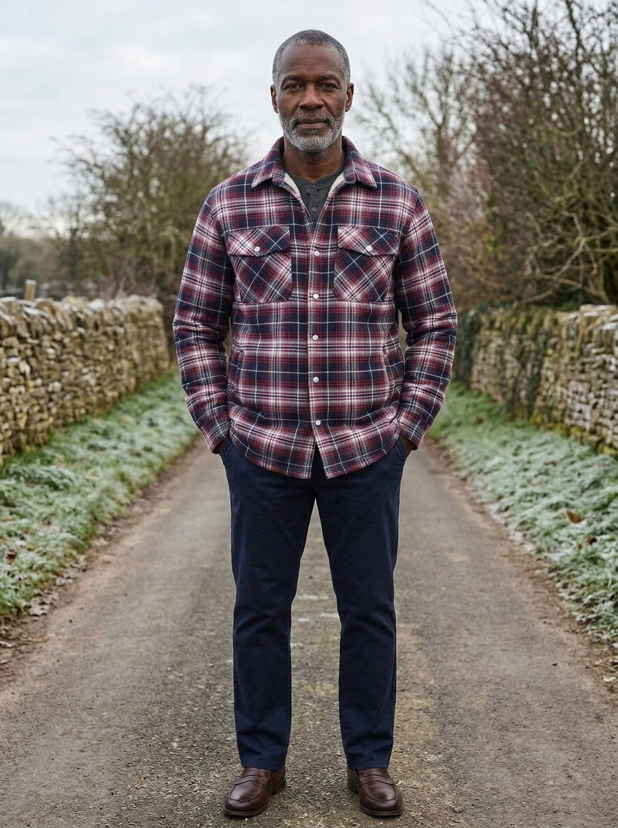 Brigham fleece lined plaid shirt jacket in Red, lifestyle on a country lane, Gentlemens Manor
