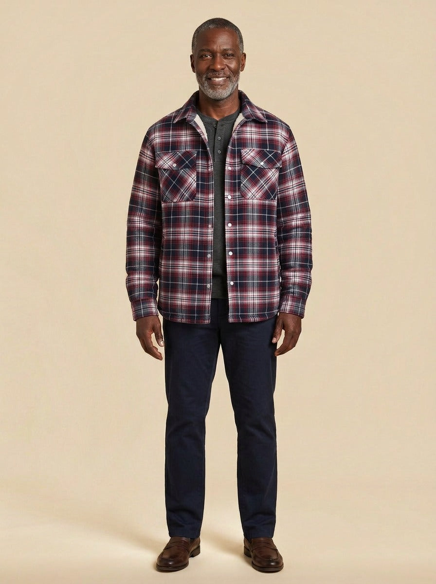 Brigham fleece lined plaid shirt jacket in Red, studio, Gentlemens Manor