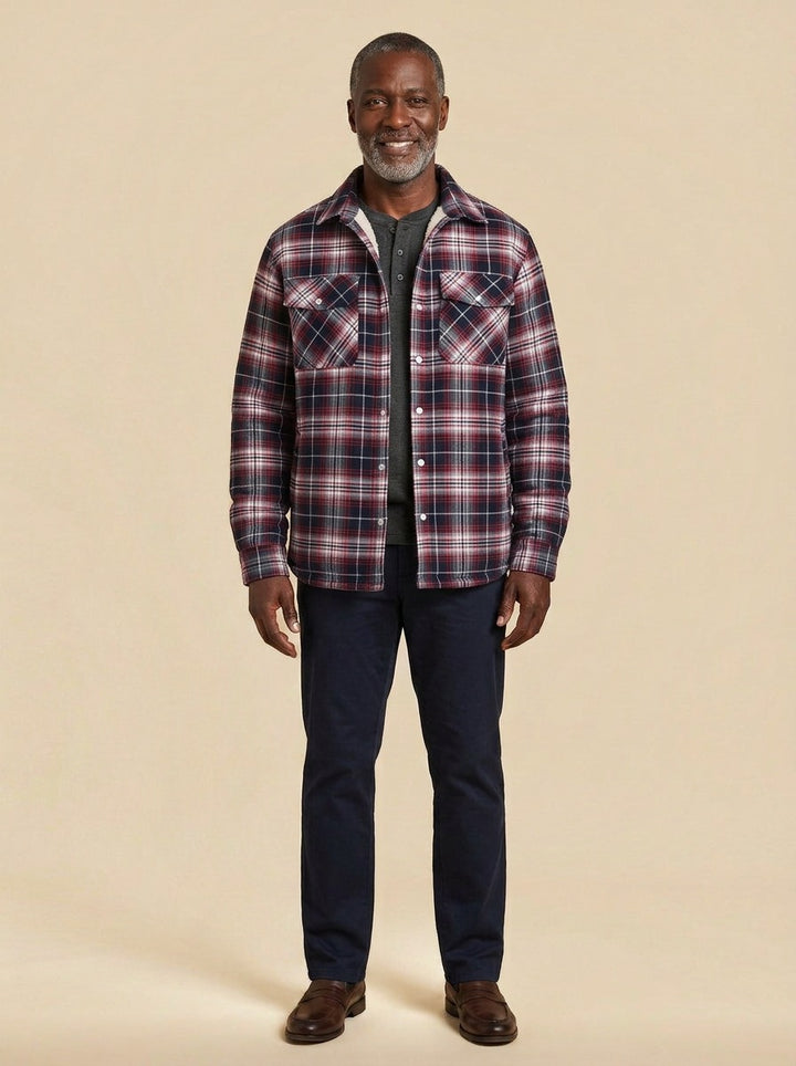Brigham fleece lined plaid shirt jacket in Red, studio, Gentlemens Manor