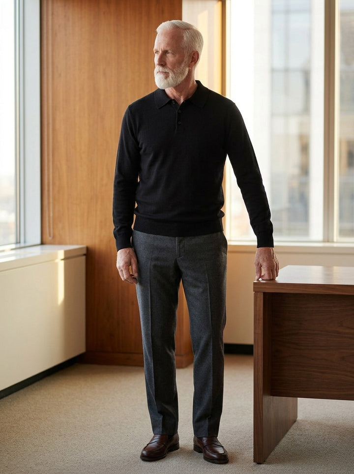 Bristow sweater in Black, lifestyle in a timber paneled office, Gentlemens Manor