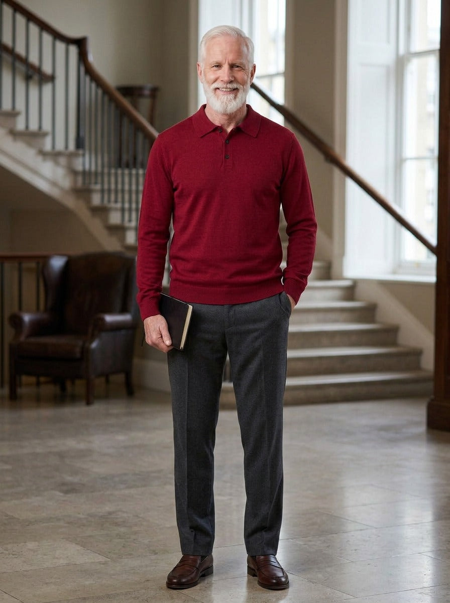 Bristow sweater in Red, lifestyle in a hotel lobby, Gentlemens Manor