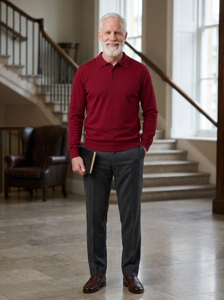 Bristow sweater in Red, lifestyle in a hotel lobby, Gentlemens Manor
