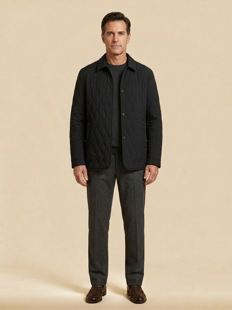 Brooks quilted shirt jacket in Black, studio, Gentlemens Manor