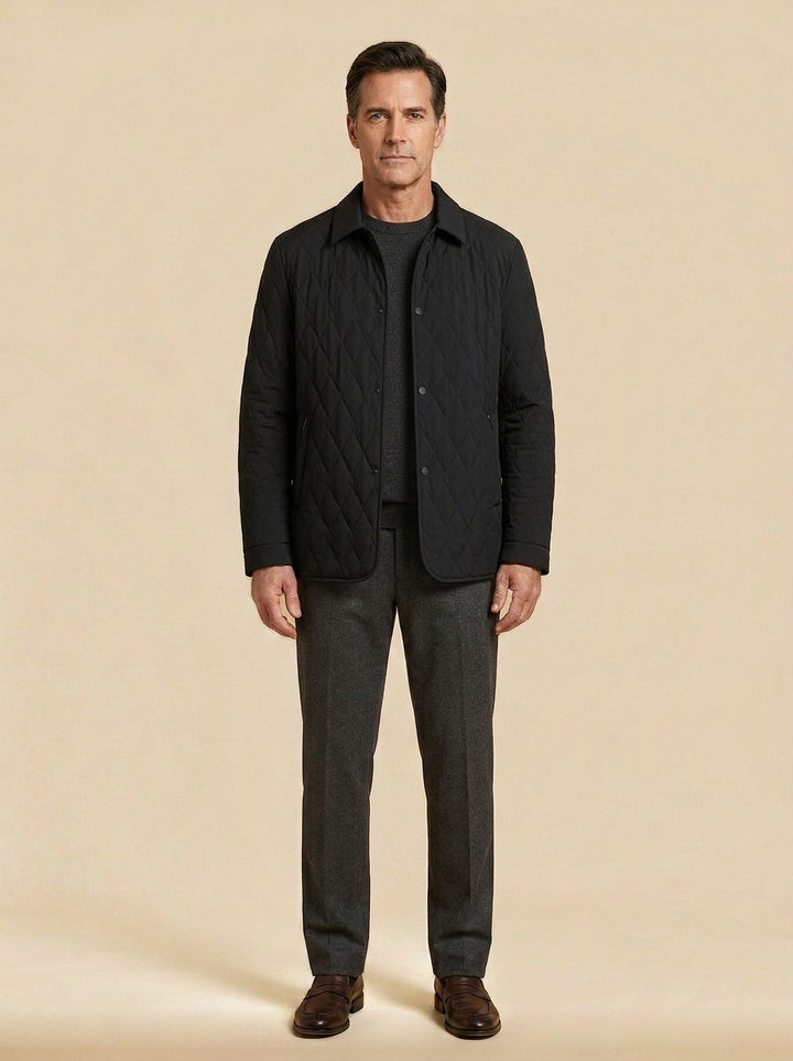 Brooks quilted shirt jacket in Black, studio, Gentlemens Manor