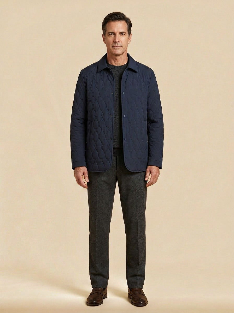 Brooks quilted shirt jacket in Navy, studio, Gentlemens Manor