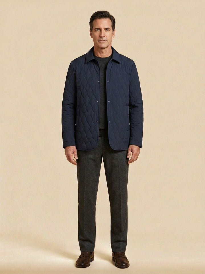 Brooks quilted shirt jacket in Navy, studio, Gentlemens Manor