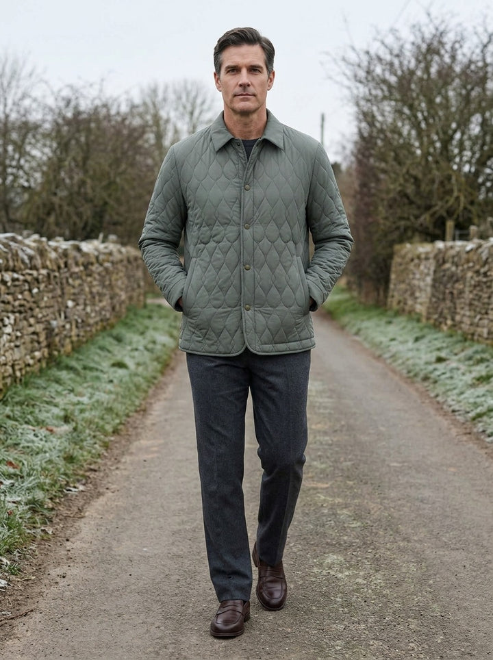 Brooks quilted shirt jacket in Olive, lifestyle on a country lane, Gentlemens Manor