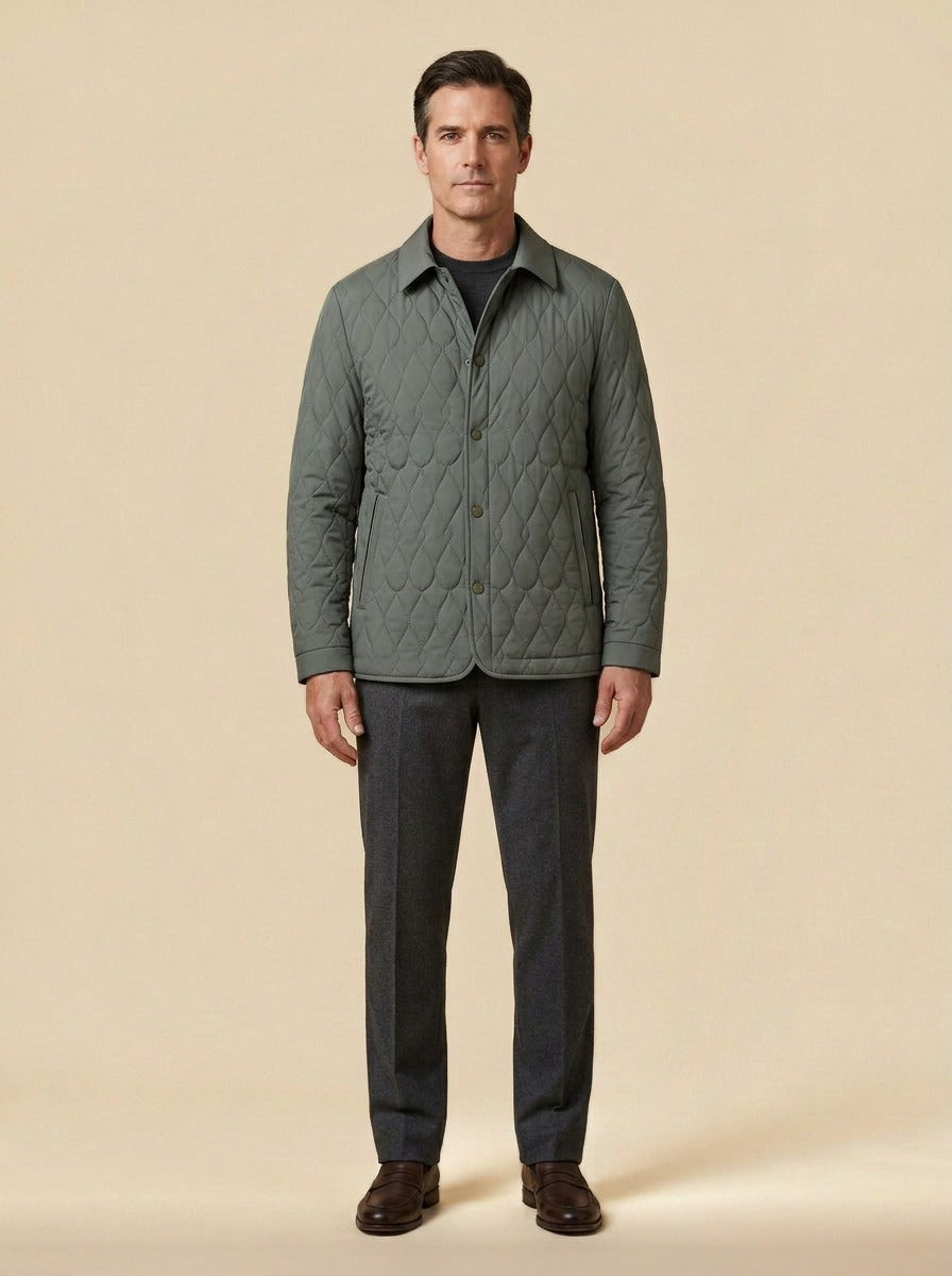 Brooks quilted shirt jacket in Olive, studio, Gentlemens Manor