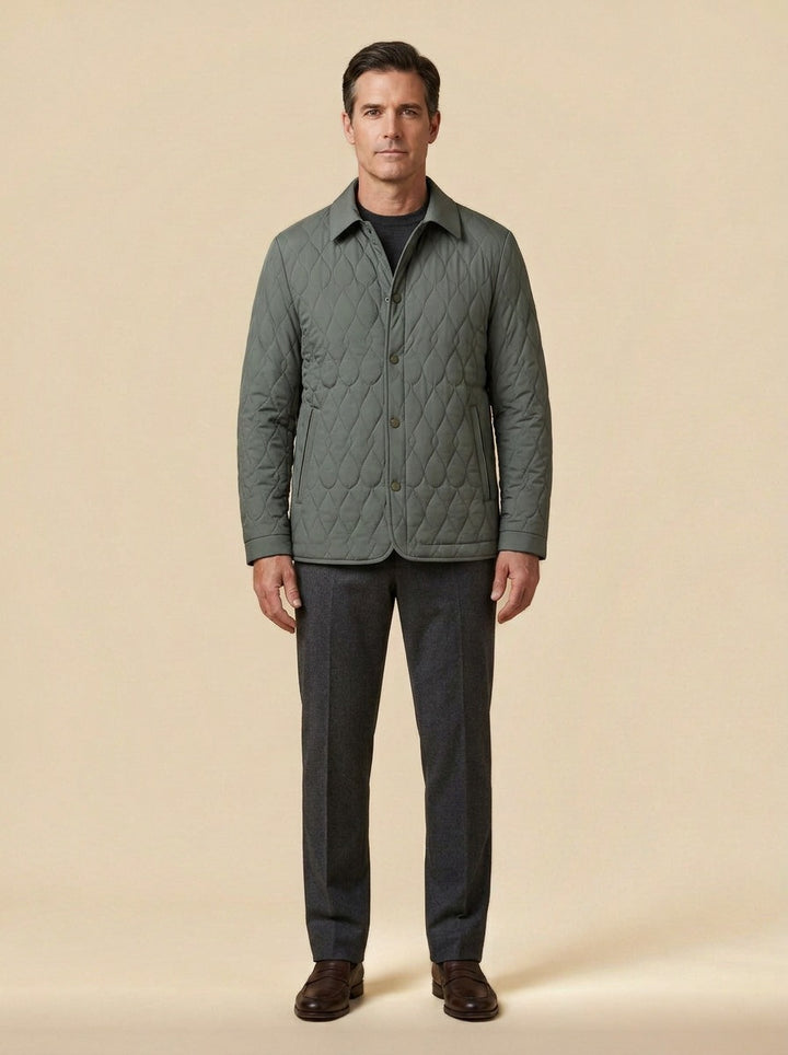 Brooks quilted shirt jacket in Olive, studio, Gentlemens Manor