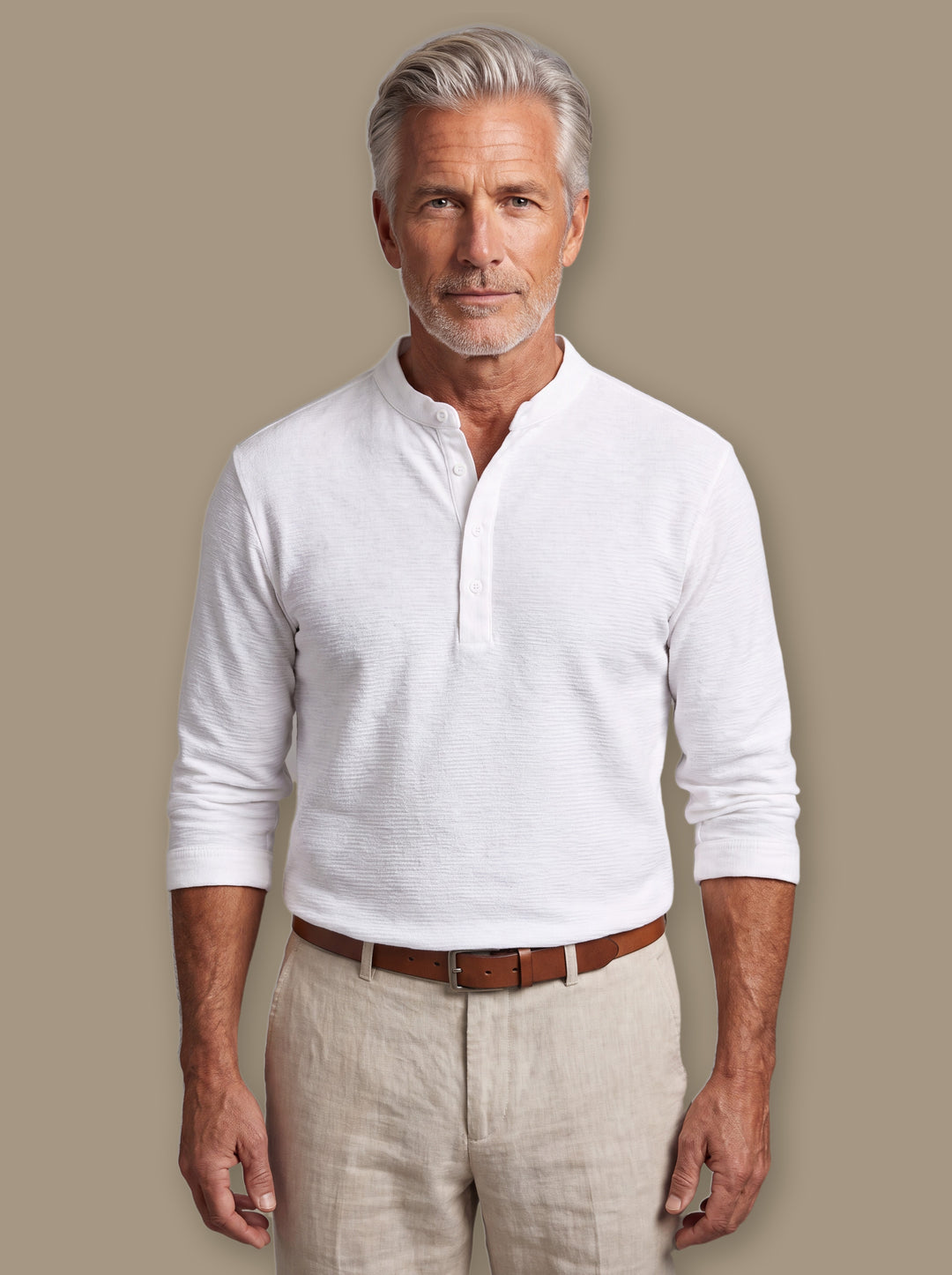 Bruce casual shirt in White, worn by a model on a warm taupe studio background - Gentlemens Manor