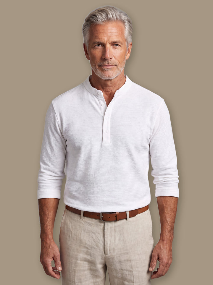 Bruce casual shirt in White, worn by a model on a warm taupe studio background - Gentlemens Manor