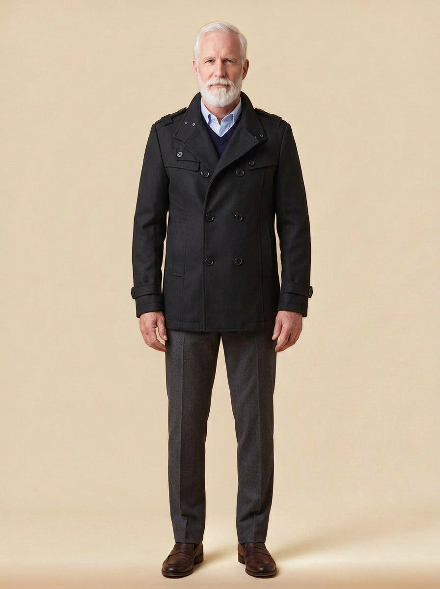 Buchanan double breasted officer coat in Black, studio, Gentlemens Manor