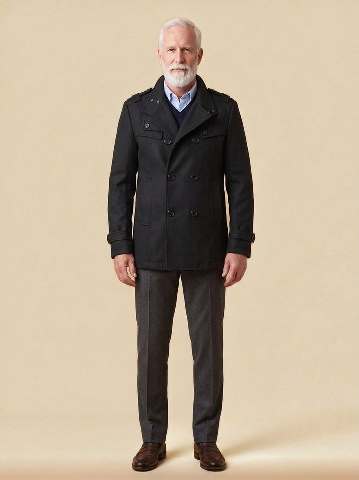 Buchanan double breasted officer coat in Black, studio, Gentlemens Manor
