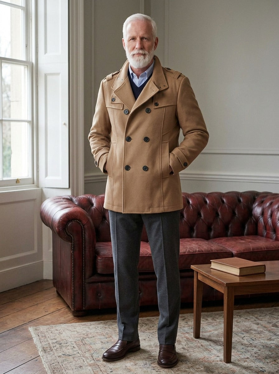 Buchanan double breasted officer coat in Camel, lifestyle in a club reading room, Gentlemens Manor