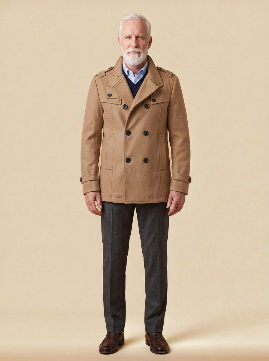 Buchanan double breasted officer coat in Camel, studio, Gentlemens Manor