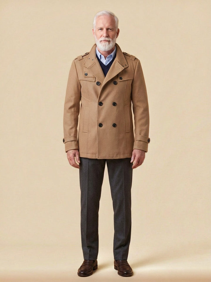 Buchanan double breasted officer coat in Camel, studio, Gentlemens Manor