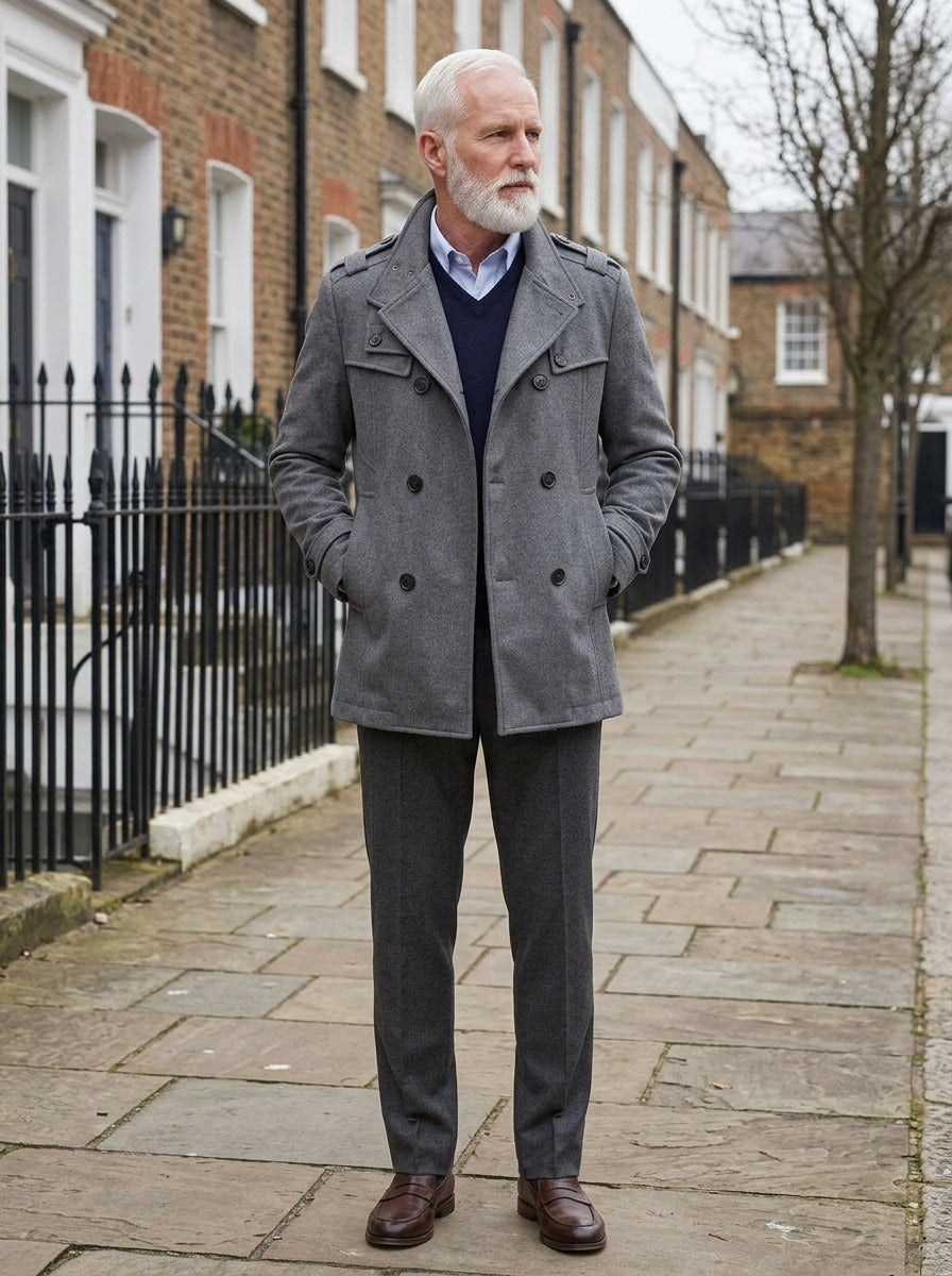 Buchanan double breasted officer coat in Grey, lifestyle on a street of brick row houses, Gentlemens Manor