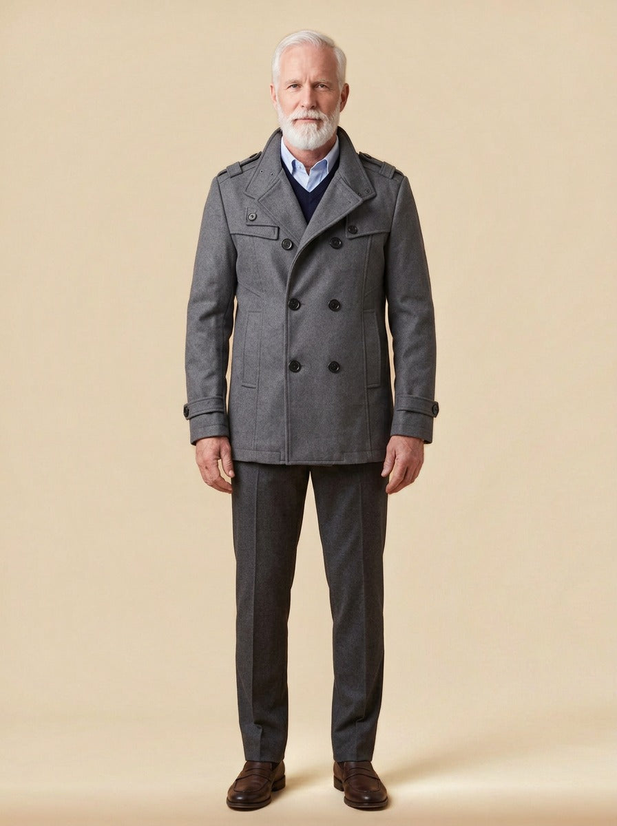 Buchanan double breasted officer coat in Grey, studio, Gentlemens Manor