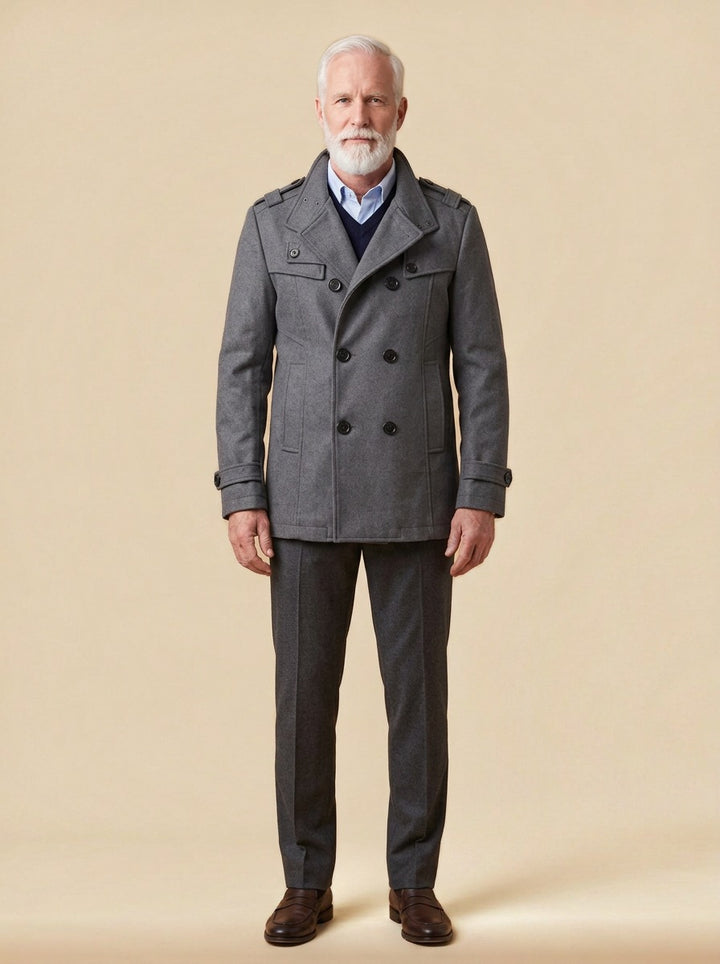 Buchanan double breasted officer coat in Grey, studio, Gentlemens Manor