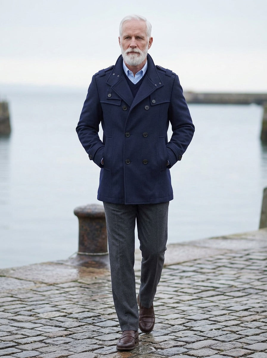Buchanan double breasted officer coat in Navy, lifestyle on a stone harbor quay, Gentlemens Manor