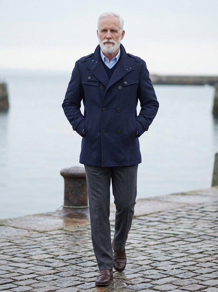 Buchanan double breasted officer coat in Navy, lifestyle on a stone harbor quay, Gentlemens Manor