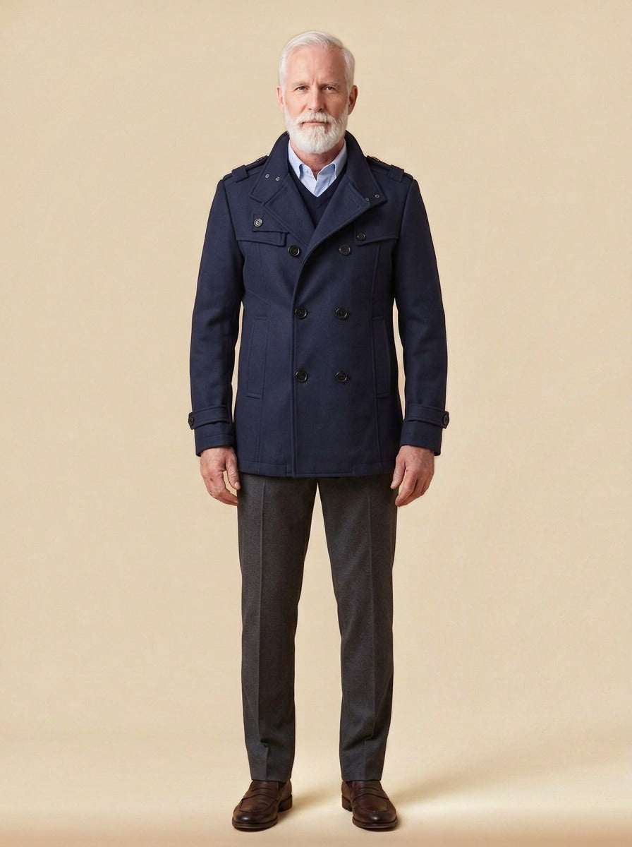 Buchanan double breasted officer coat in Navy, studio, Gentlemens Manor