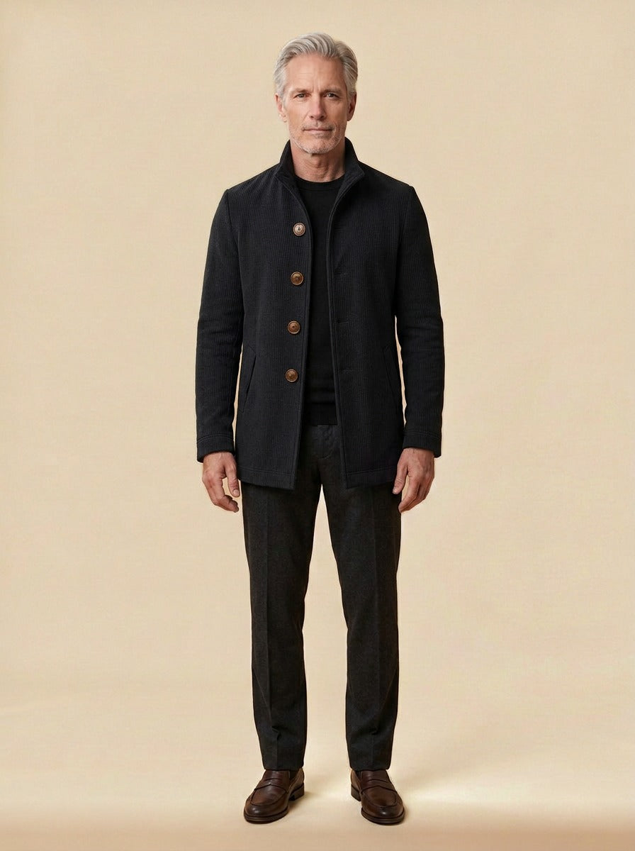 Buckley ribbed stand collar jacket in Black, studio, Gentlemens Manor