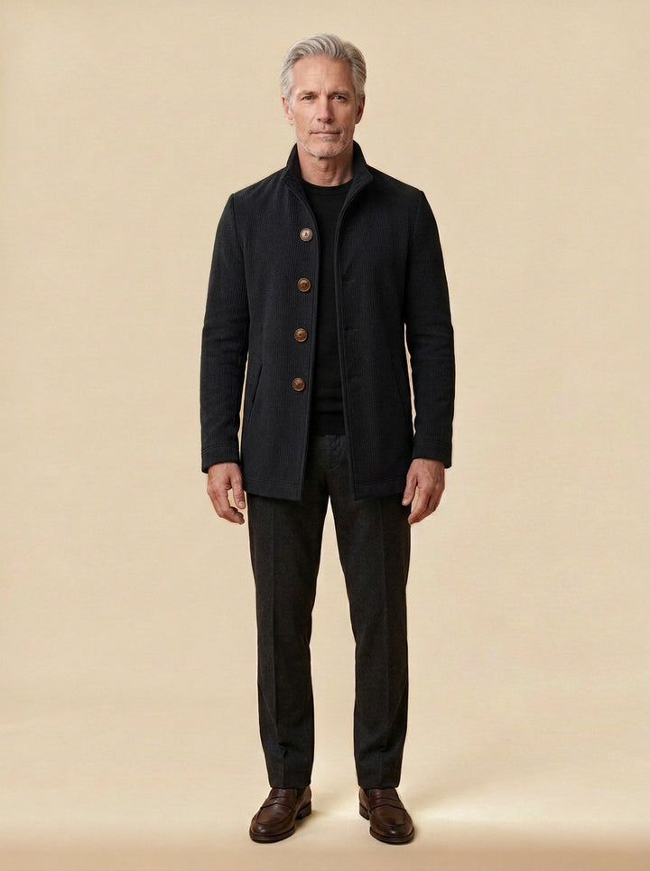 Buckley ribbed stand collar jacket in Black, studio, Gentlemens Manor