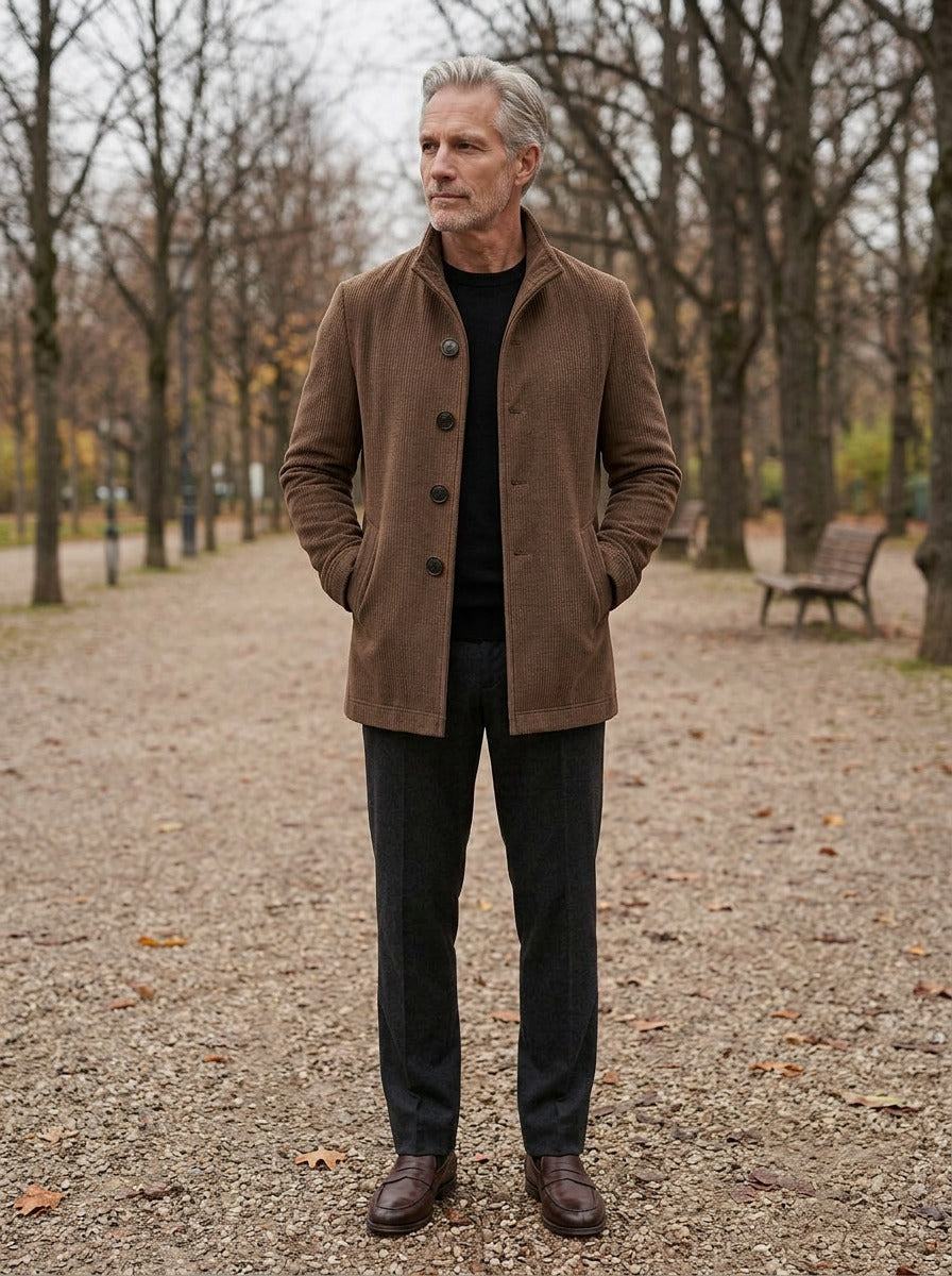 Buckley ribbed stand collar jacket in Brown, lifestyle on a park path, Gentlemens Manor