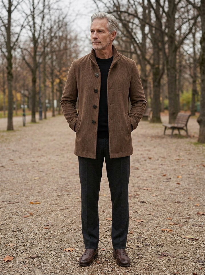 Buckley ribbed stand collar jacket in Brown, lifestyle on a park path, Gentlemens Manor